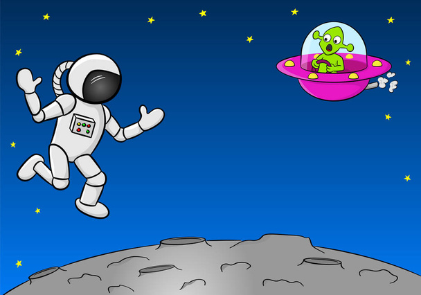 astronauta conhecendo um alienígena em uma nave espacial
 - Vetor, Imagem