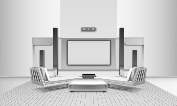 Интерьер домашнего кинотеатра в белых тонах
 - Вектор,изображение