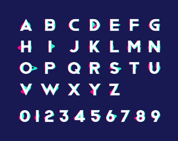 Alphabet with numbers and trendy glitch effect. - Vettoriali, immagini