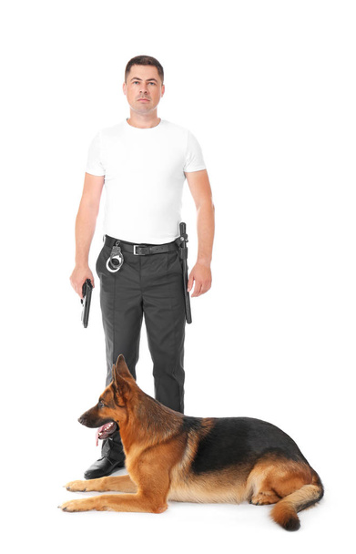 Security guard with dog on white background - Valokuva, kuva