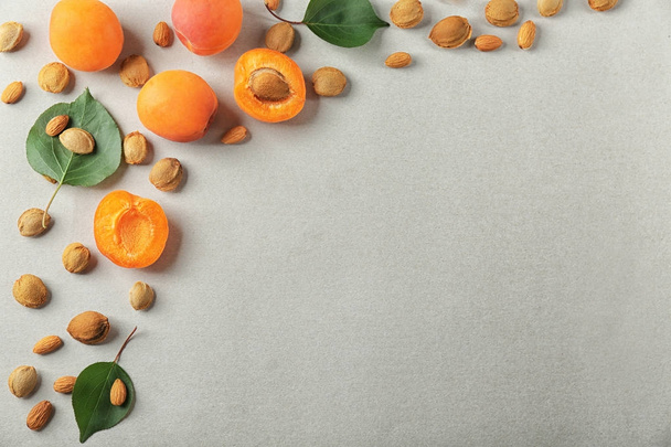 Composition with apricots and kernels on grey background - Foto, imagen