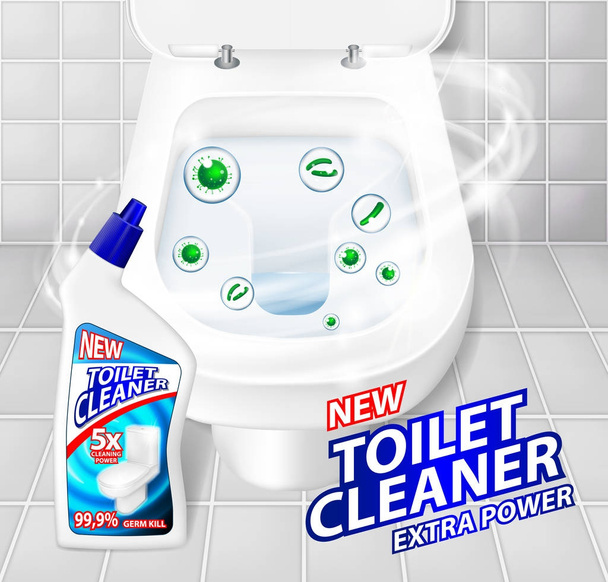 Tuvalet temizleyici jel afiş reklamlar. Dezenfektan konteyner ile gerçekçi temiz parlak tuvalet kase üstten görünüm. Vektör çizim - Vektör, Görsel