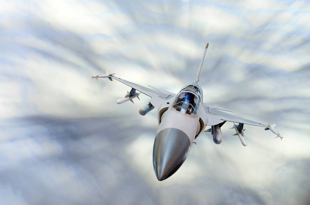 Askeri savaş uçağı yüksekten uçuyor gökyüzünde yüksek hızda. - Fotoğraf, Görsel