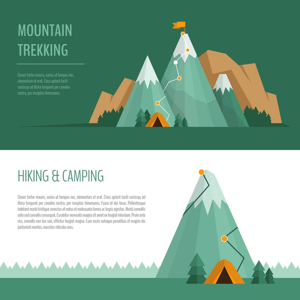 Mountain trekking, hiking, climbing and camping concept. Hiking trail concept, infographics. - Wektor, obraz