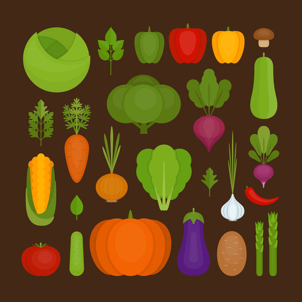 Набор иконок овощей. Органическая и здоровая пища. Плоский стиль, векторная иллюстрация
. - Вектор,изображение