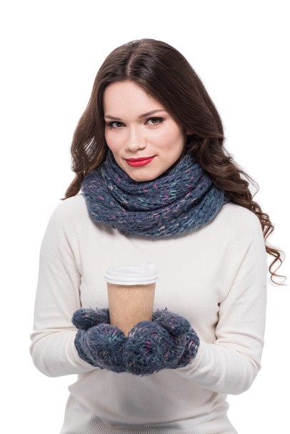 Woman in warm clothes with paper cup - Foto, imagen