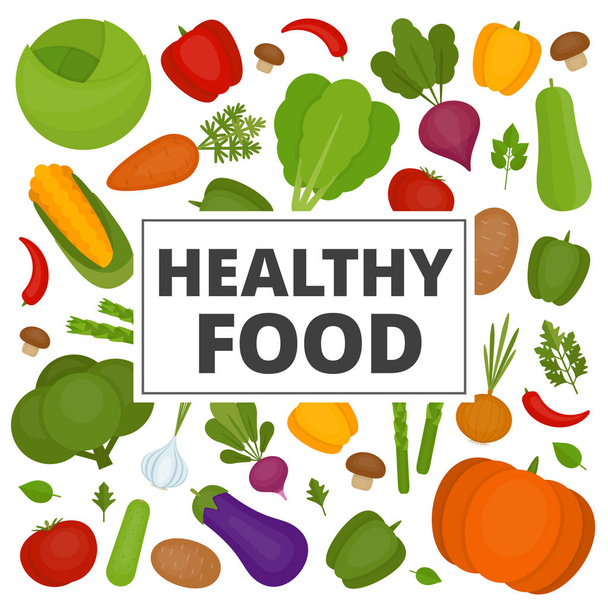 Vegetables background. Fresh vegetables pattern. Organic and healthy food. Flat style, vector illustration. - Vetor, Imagem