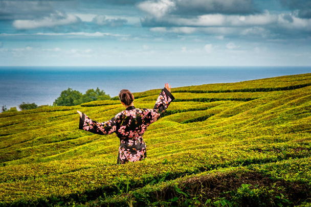 Menina branca bonita vestindo Kimono em plantações de chá na Ilha de São Miguel, Açores, Portugal
  - Foto, Imagem