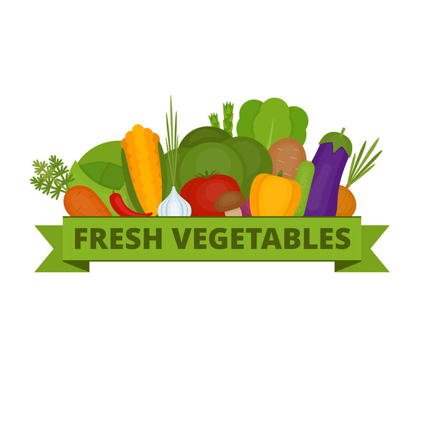 Zöldségfélék gyűjteménye. Organikus- és egészséges élelmiszer. Lapos stílusú, vektoros illusztráció. - Vektor, kép