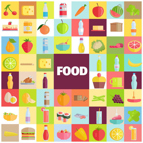 Alimentos saborosos, produtos de mercearia e bebidas refrescantes
 - Vetor, Imagem