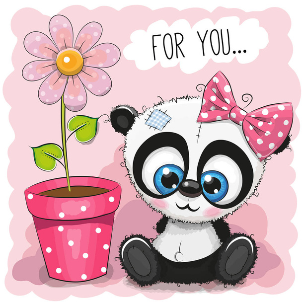 Greeting card Panda girl with flower - Vector, imagen