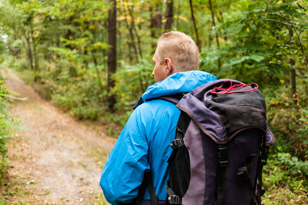 Wanderer mit Rucksack ist im Herbstwald unterwegs. - Foto, Bild