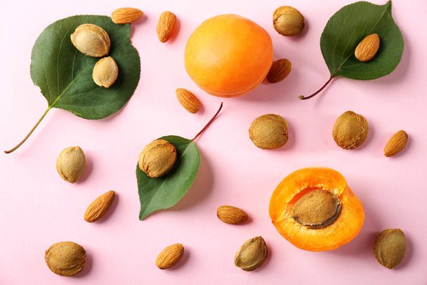 Composition with apricots and kernels on color background - Fotoğraf, Görsel