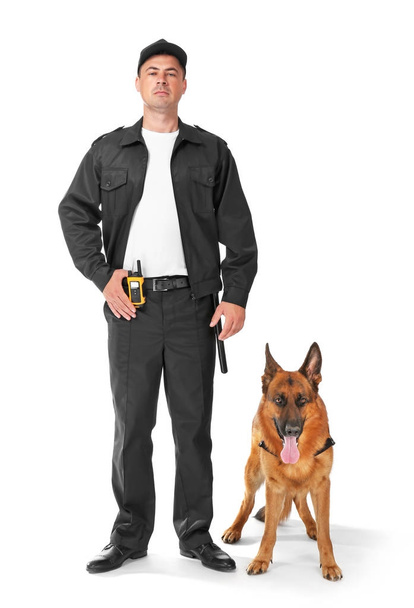 Security guard with dog on white background - Valokuva, kuva