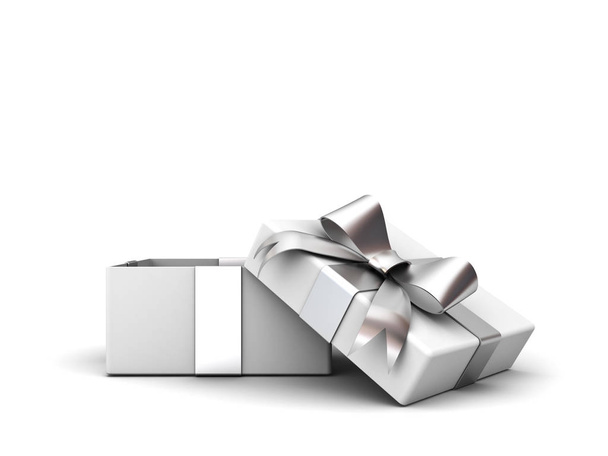 Boîte cadeau ouverte ou boîte cadeau avec ruban d'argent arc isolé sur fond blanc avec ombre
  - Photo, image