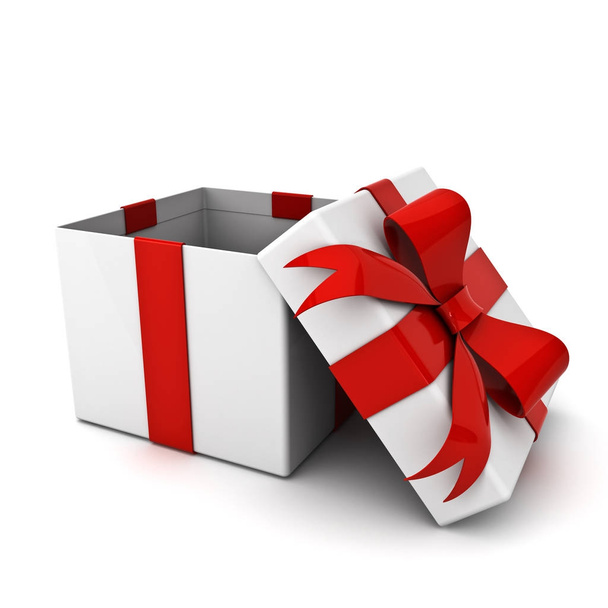 Open geschenkdoos en huidige doos met rood lint buigen geïsoleerd op witte achtergrond met schaduw  - Foto, afbeelding