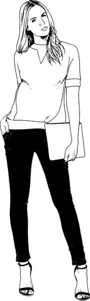 стройная спортивная девушка, нарисованная чернилами вручную
 - Вектор,изображение