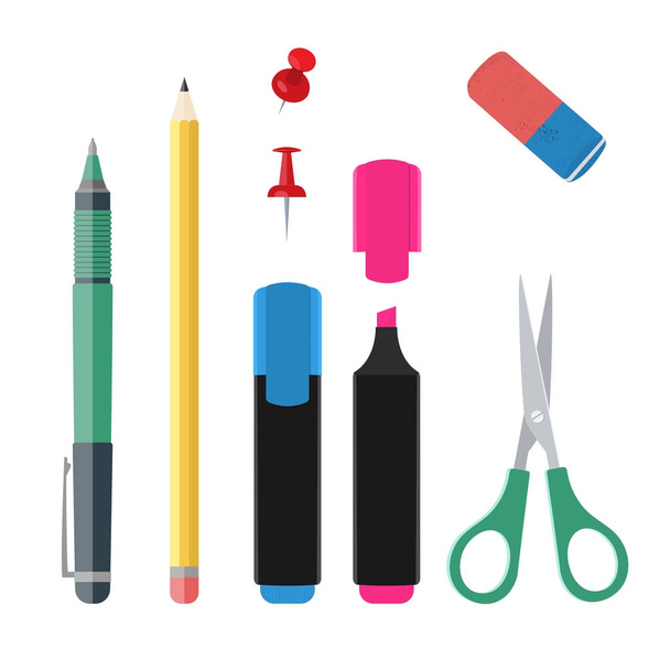 Set of office suplies, vector file collection: pen pencil highlighter markers eraser push-pins and scissors. Isolated on white background - Vektor, obrázek