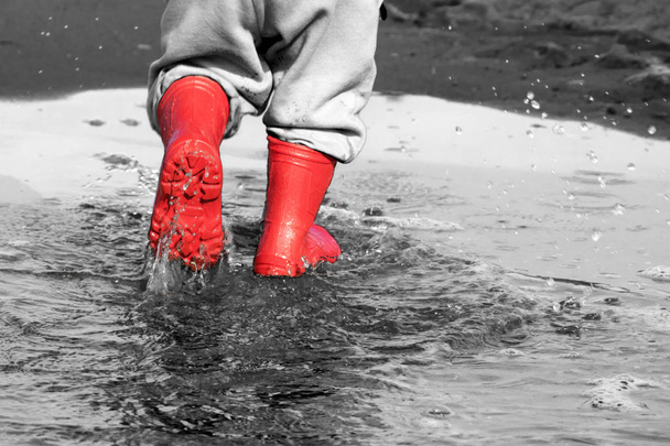 puddle.kid ゴムのウェリントン ブーツと海の背景 - 写真・画像