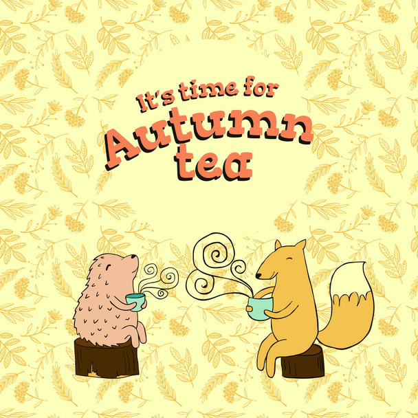 fable card for autumn tea with hedgehog and fox - Вектор, зображення