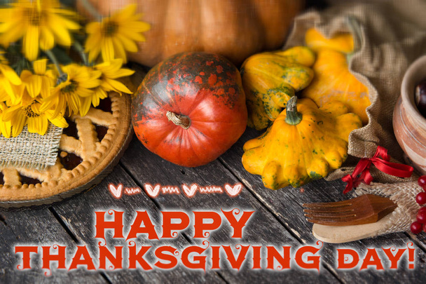 Thanksgiving day concept - traditional holiday food with pumpkins on old wooden. space for text - Photo, Image