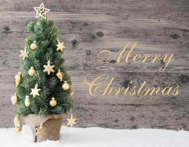 Golden Decorated Christmas Tree, Text Merry Christmas - Φωτογραφία, εικόνα