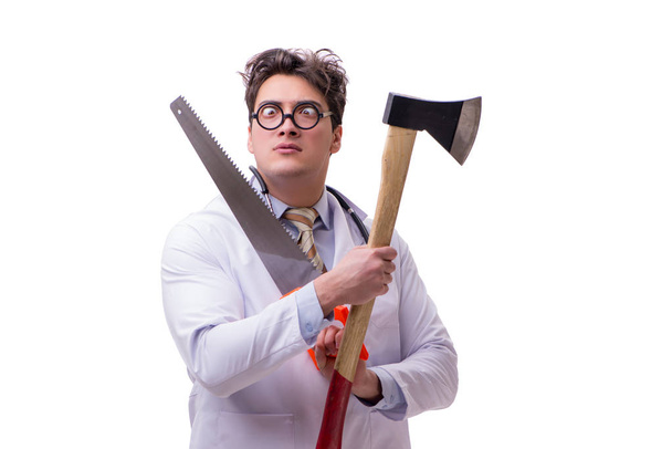 斧と鋸を白で隔離面白い医者 - 写真・画像