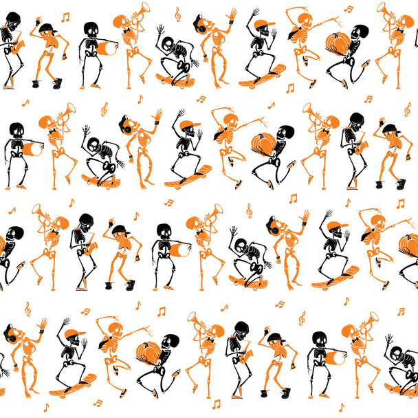 Διάνυσμα πορτοκαλί, μαύρο χορό και skateboarding σκελετοί Haloween επαναλάβετε μοτίβο φόντου. Μεγάλη για spooky διασκέδαση κόμμα θεματικές ύφασμα, δώρα, για. - Διάνυσμα, εικόνα