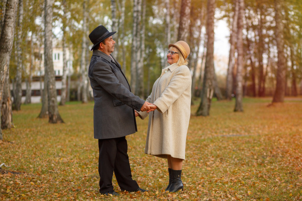 Kypsä pari kävelee syksyllä puistossa
 - Valokuva, kuva