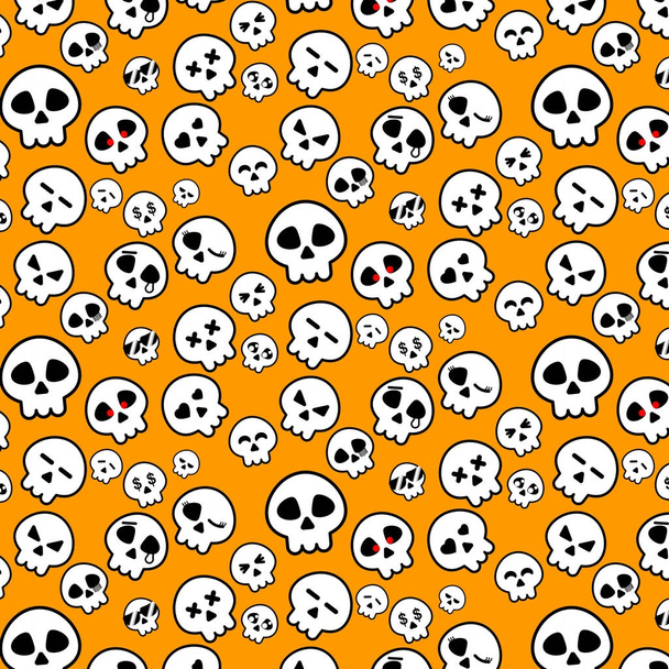 Linha simples de Halloween Padrão de ícone de cabeça de esqueleto em emoção de variedade no fundo laranja para conceito de design de vetor ilustrador
 - Vetor, Imagem