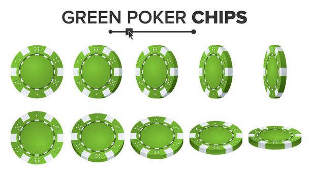 Groene Poker Chips Vector. Realistische Set. Pokerspel fiches teken geïsoleerd op een witte achtergrond. Het spiegelen van verschillende hoeken. Succes Concept illustratie. - Vector, afbeelding