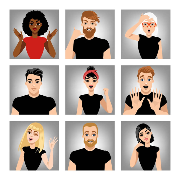 eine Reihe von Vektorbildern von Menschen mit unterschiedlichen Emotionen. Gesten - Vektor, Bild