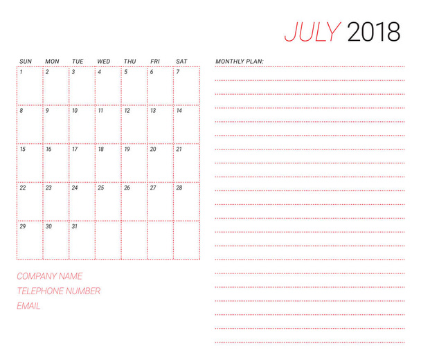 Heinäkuu 2018 desk kalenteri vektori kuvitus
 - Vektori, kuva