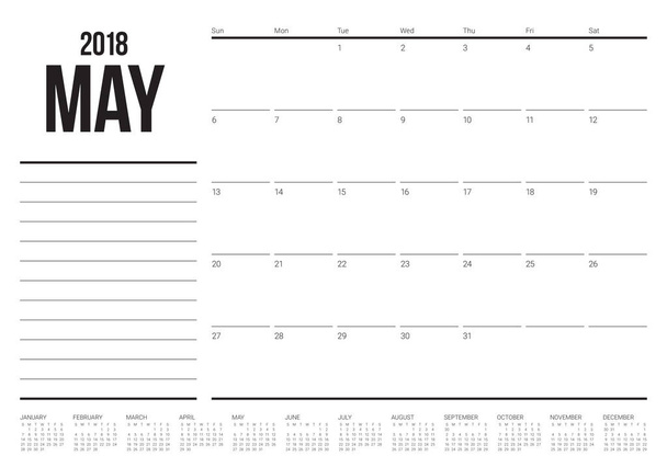 Maio 2018 calendário planejador vetor ilustração
 - Vetor, Imagem