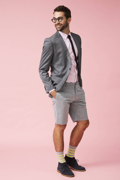 Happy guy in suit and shorts - Фото, изображение