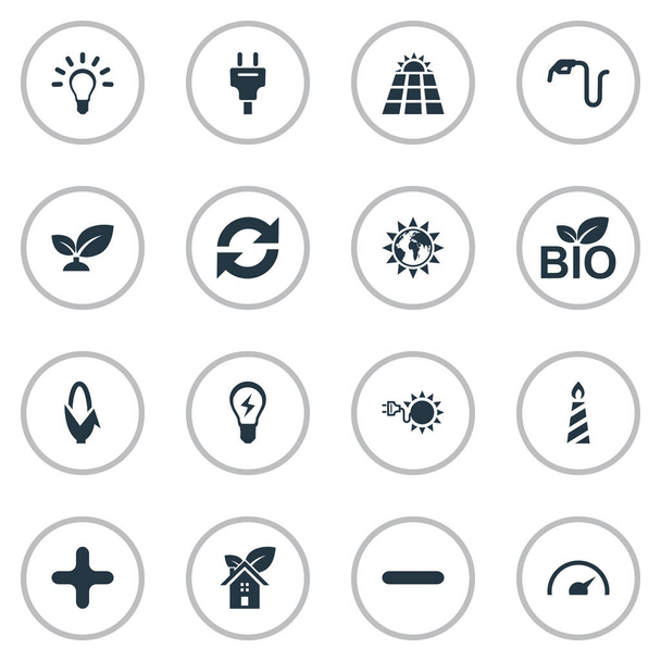 Illustrazione vettoriale Set di icone di energia semplice. Elementi Eco Home, negativo, lampadina e altri sinonimi Terra, Pianta e Idea
. - Vettoriali, immagini