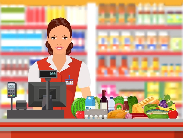 Groceries cashier at work. - Vector, Image