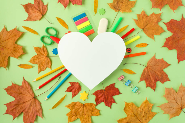Stationery and Autumn leaves on the white background. - Photo, Image