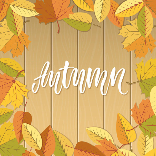 Autumn lettering on wooden background and falling leaves. - Фото, зображення