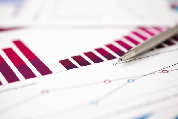 Financial statistics documents ball pen infographics at office table - Φωτογραφία, εικόνα