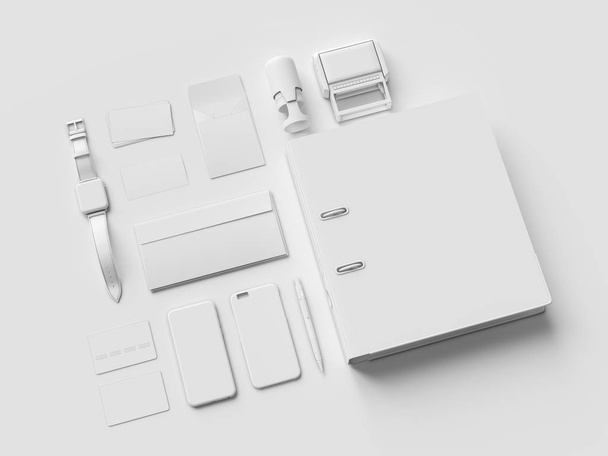 Fehér levélpapír & Branding makett. Irodaszerek, szerkentyű. 3D-s illusztráció - Fotó, kép