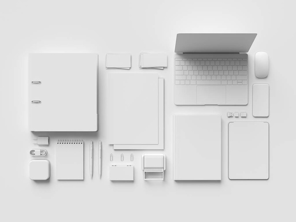 White Stationery & Branding Mockup . Office supplies, Gadgets. 3D illustration - Valokuva, kuva