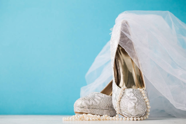 Beautiful arrangement of shoes sand bridal accessories - Foto, Imagem