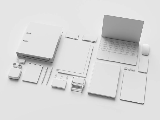 White Stationery & Branding Mockup . Office supplies, Gadgets. 3D illustration - 写真・画像