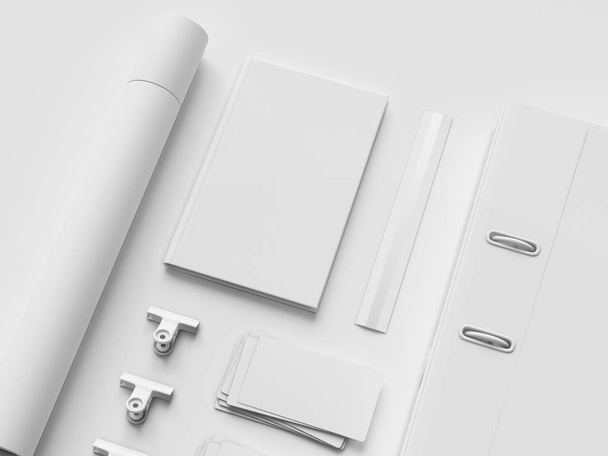 White Stationery & Branding Mockup . Office supplies, Gadgets. 3D illustration - Φωτογραφία, εικόνα