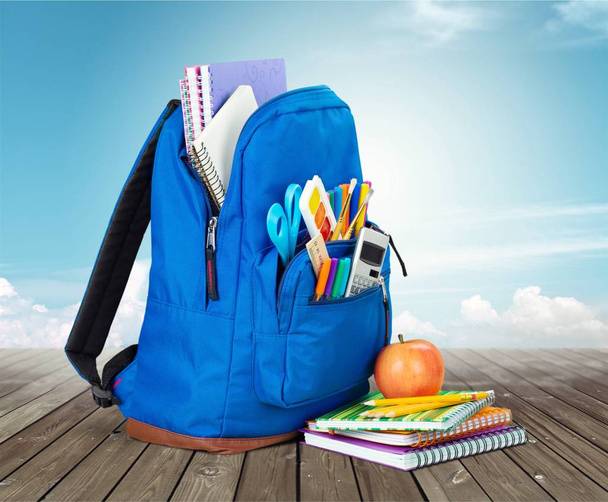 School Backpack with stationery - Fotoğraf, Görsel