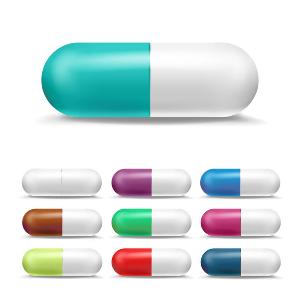 3D realistinen pillereitä Set vektori. Värillisiä kipulääkkeitä, antibiootteja. Color Medicine kapseli pilleri kahdessa kiiltävä puolikkaat. Eristetty valkoinen kuva
 - Vektori, kuva