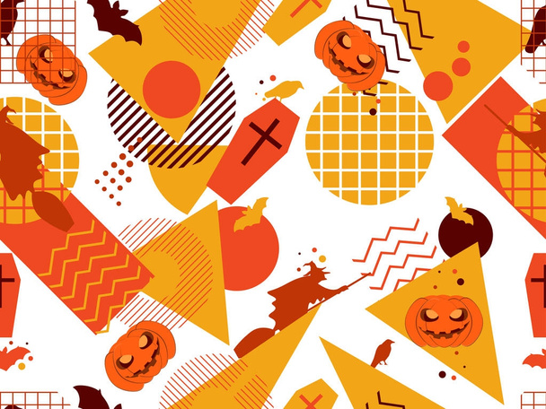 Halloween memphis saumaton kuvio. Juhlallinen tausta mystisillä olennoilla ja geometrisilla hahmoilla memphis 80-luvun tyyliin. Vektoriesimerkki
 - Vektori, kuva