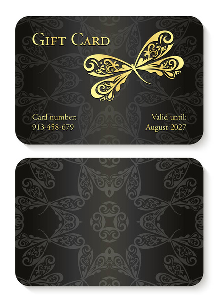 Luxe zwarte Geschenkenkaart met dragonfly sieraad. Voorzijde met gouden reliëf reliëf, achterzijde met cirkel sieraad decoratie - Vector, afbeelding