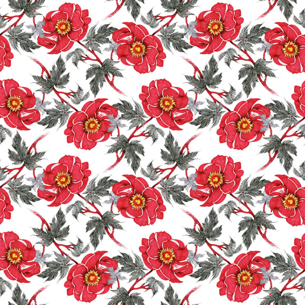 Watercolor pattern with red flowers - Zdjęcie, obraz